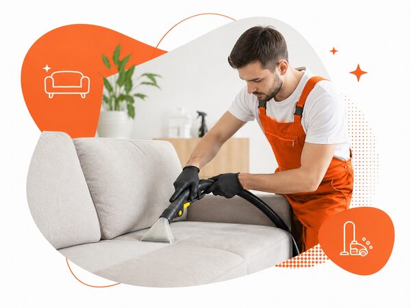 Мастер химчистки мебели за работой
